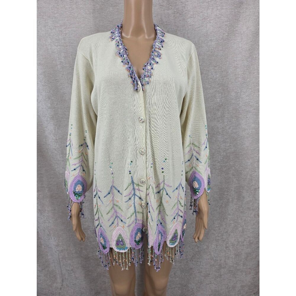 Storybook Knits Cream Cardigan Sweater Purple Crochet Beaded Peackock Feathers